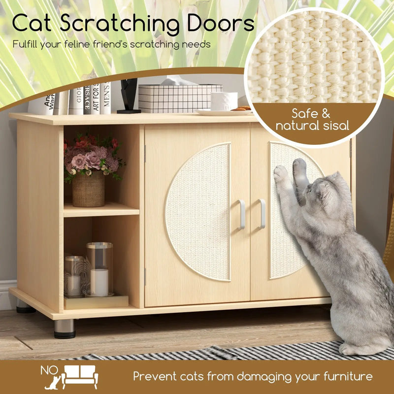Cat Litter Box Enclosure with Sisal Scratching Doors and Adjustable Metal Feet-Natural by DirectDeals