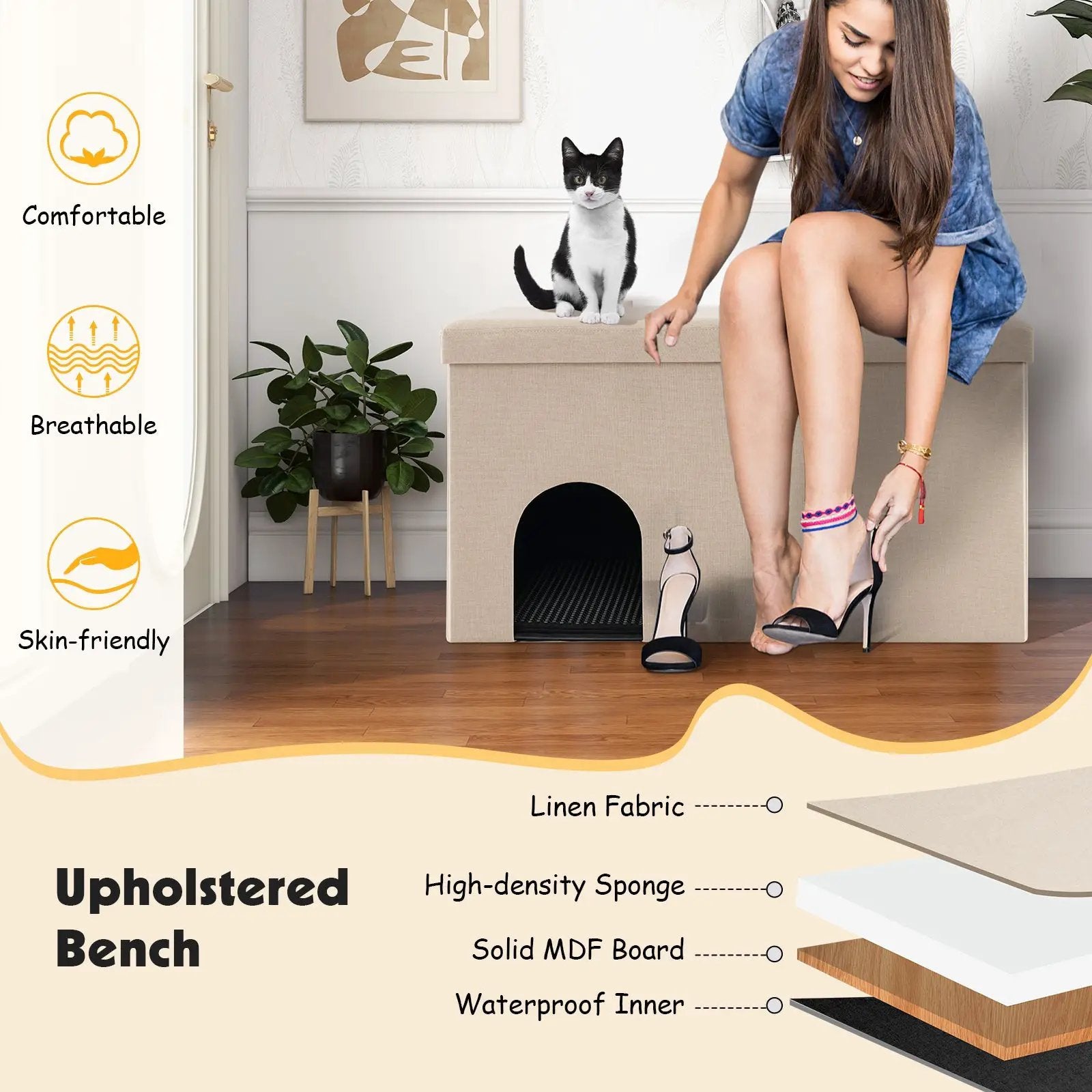 Cat Litter Box Enclosure Hidden Furniture with Urine Proof Litter Mat by DirectDeals
