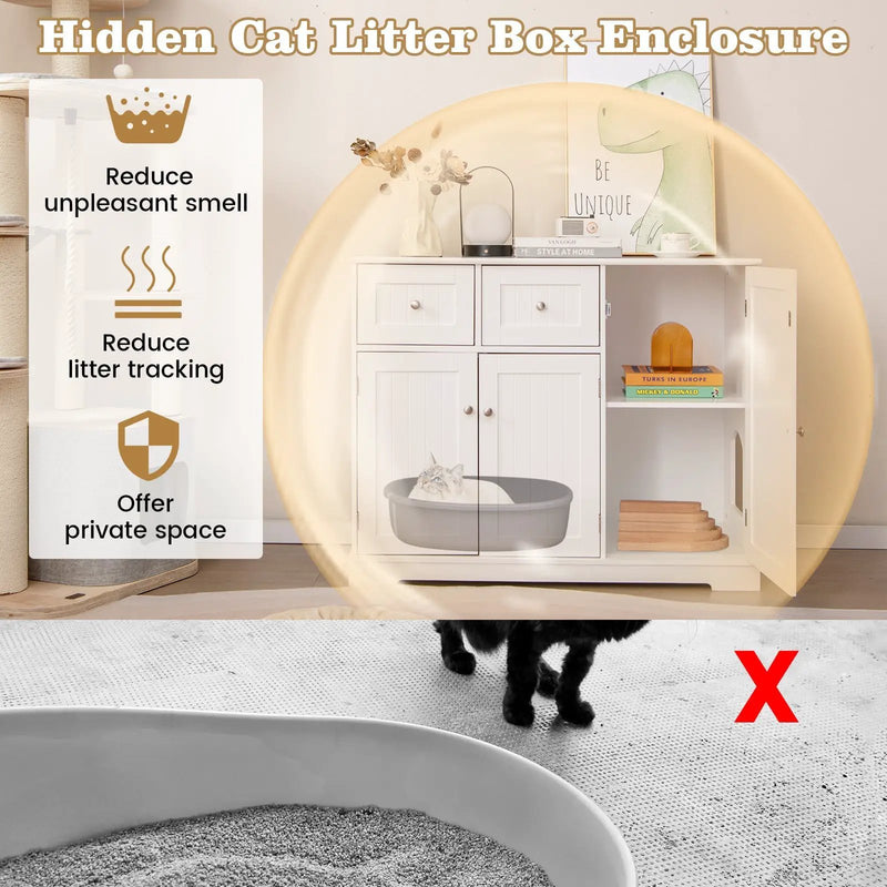 Cat Litter Box Enclosure with 2 Drawers and 3 Doors for Kittens and Adult Cats-White by DirectDeals