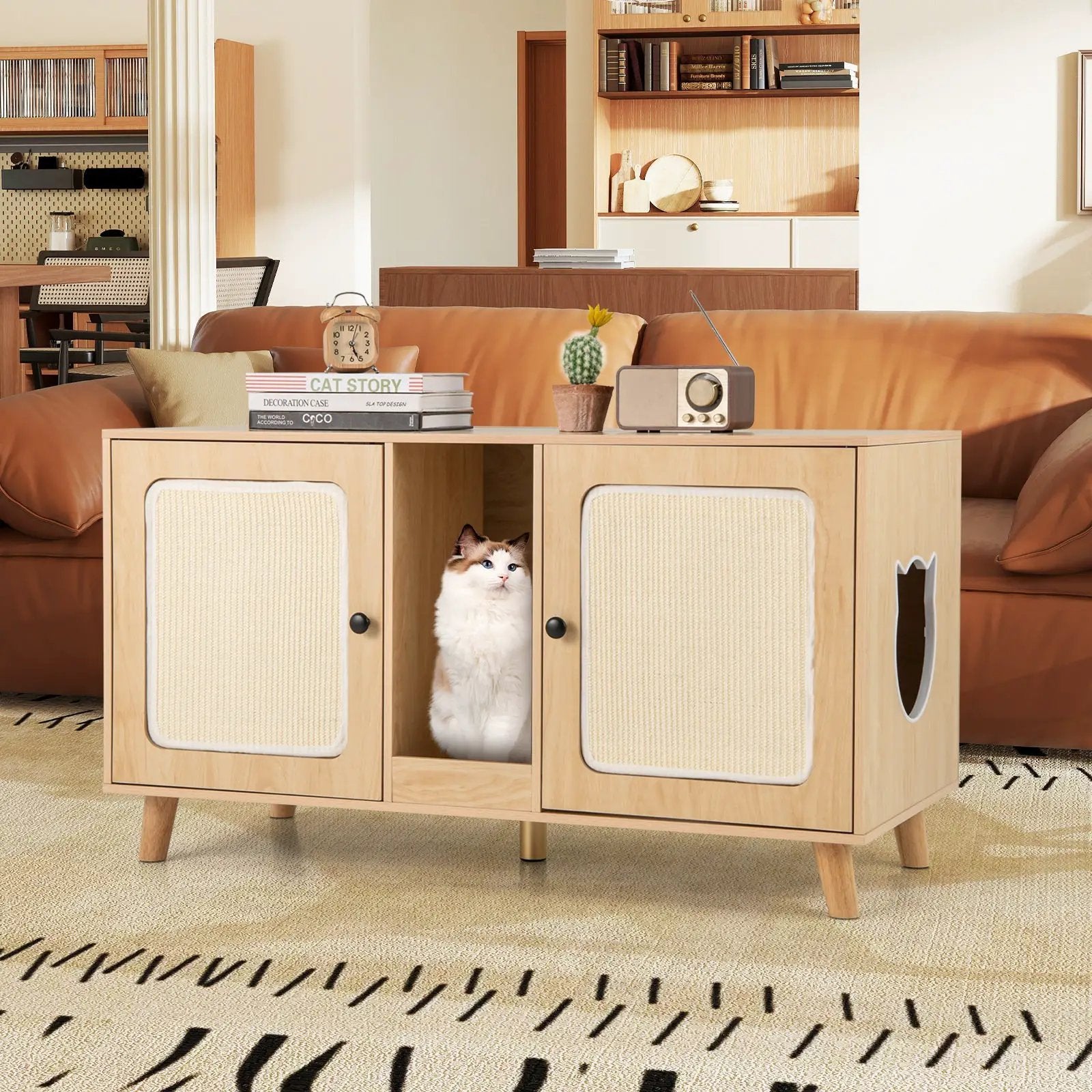 43 Inches Cat Litter Box Enclosure with Double Rooms and 2 Sisal Scratching Mats by DirectDeals
