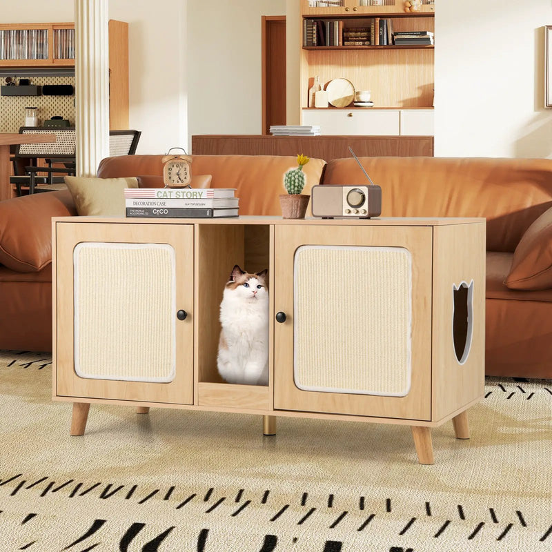 43 Inches Cat Litter Box Enclosure with Double Rooms and 2 Sisal Scratching Mats by DirectDeals