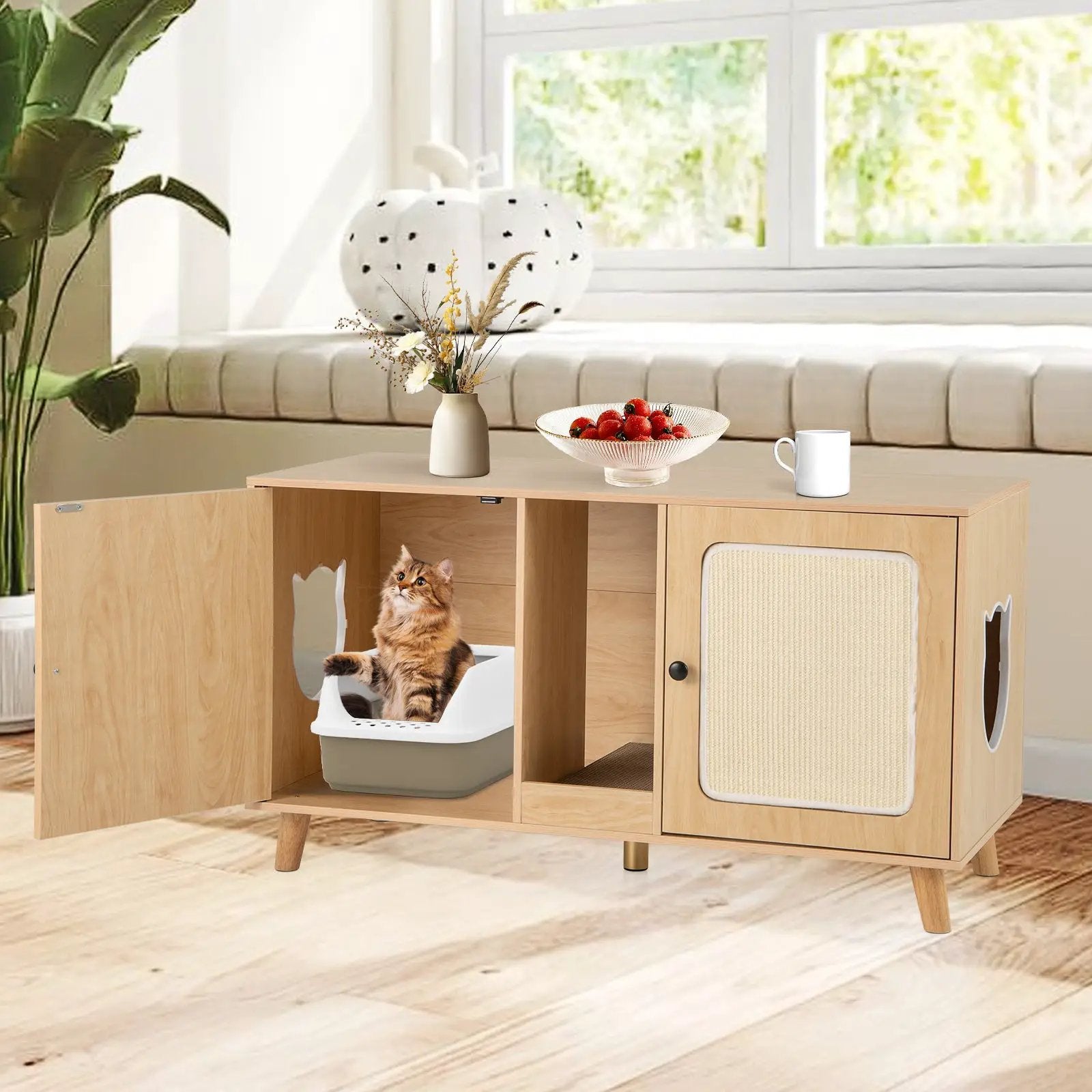 43 Inches Cat Litter Box Enclosure with Double Rooms and 2 Sisal Scratching Mats by DirectDeals