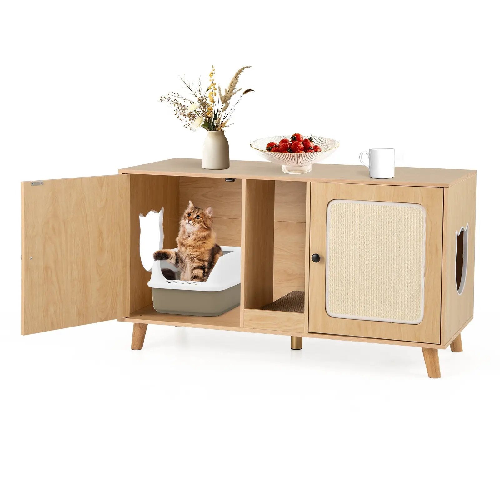 43 Inches Cat Litter Box Enclosure with Double Rooms and 2 Sisal Scratching Mats by DirectDeals