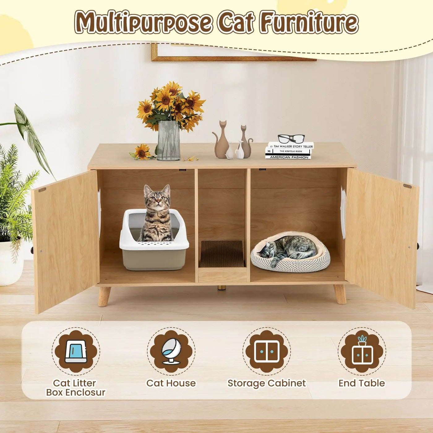 43 Inches Cat Litter Box Enclosure with Double Rooms and 2 Sisal Scratching Mats by DirectDeals