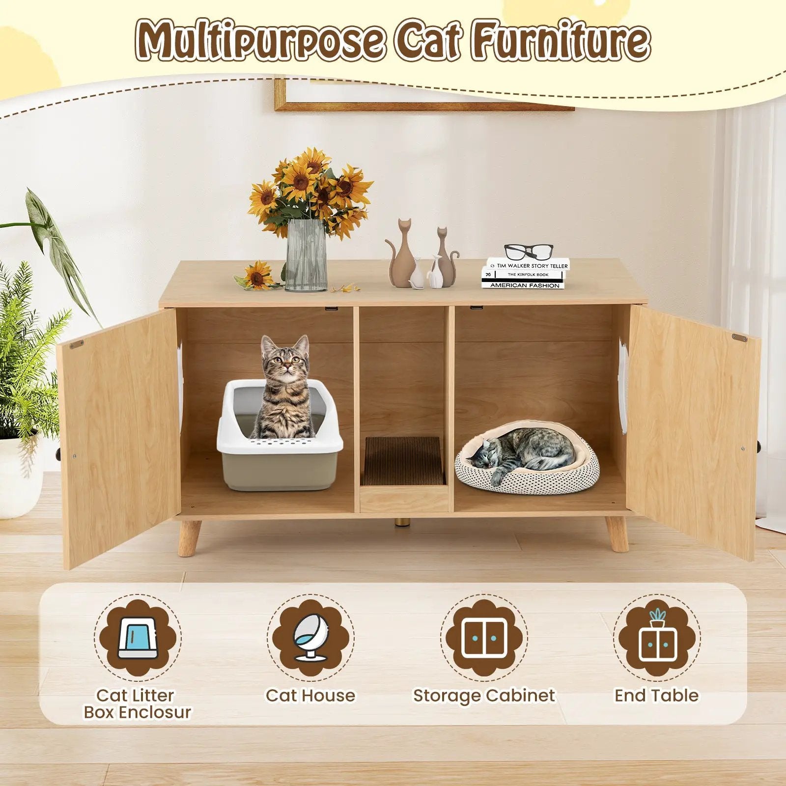 43 Inches Cat Litter Box Enclosure with Double Rooms and 2 Sisal Scratching Mats by DirectDeals