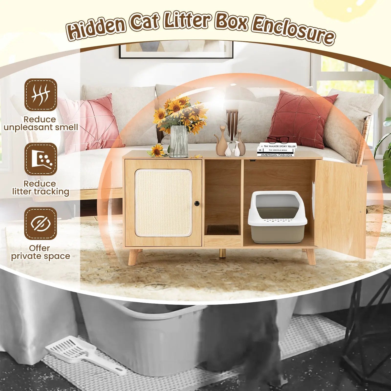 43 Inches Cat Litter Box Enclosure with Double Rooms and 2 Sisal Scratching Mats by DirectDeals