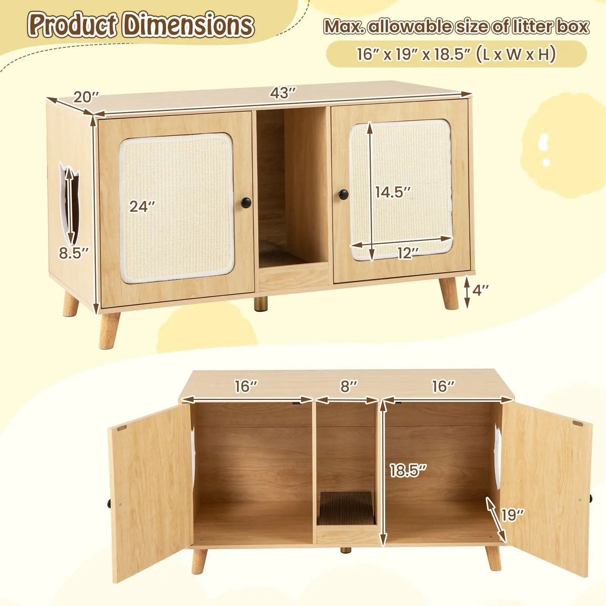 43 Inches Cat Litter Box Enclosure with Double Rooms and 2 Sisal Scratching Mats by DirectDeals