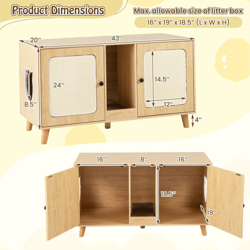 43 Inches Cat Litter Box Enclosure with Double Rooms and 2 Sisal Scratching Mats by DirectDeals