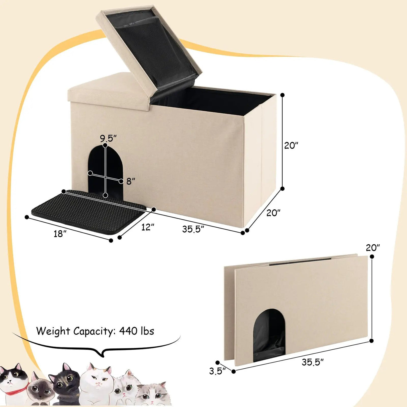 Cat Litter Box Enclosure Hidden Furniture with Urine Proof Litter Mat by DirectDeals