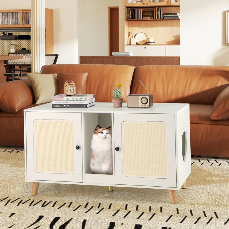 43 Inches Cat Litter Box Enclosure with Double Rooms and 2 Sisal Scratching Mats by DirectDeals