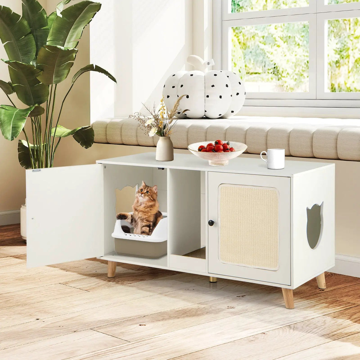 43 Inches Cat Litter Box Enclosure with Double Rooms and 2 Sisal Scratching Mats by DirectDeals