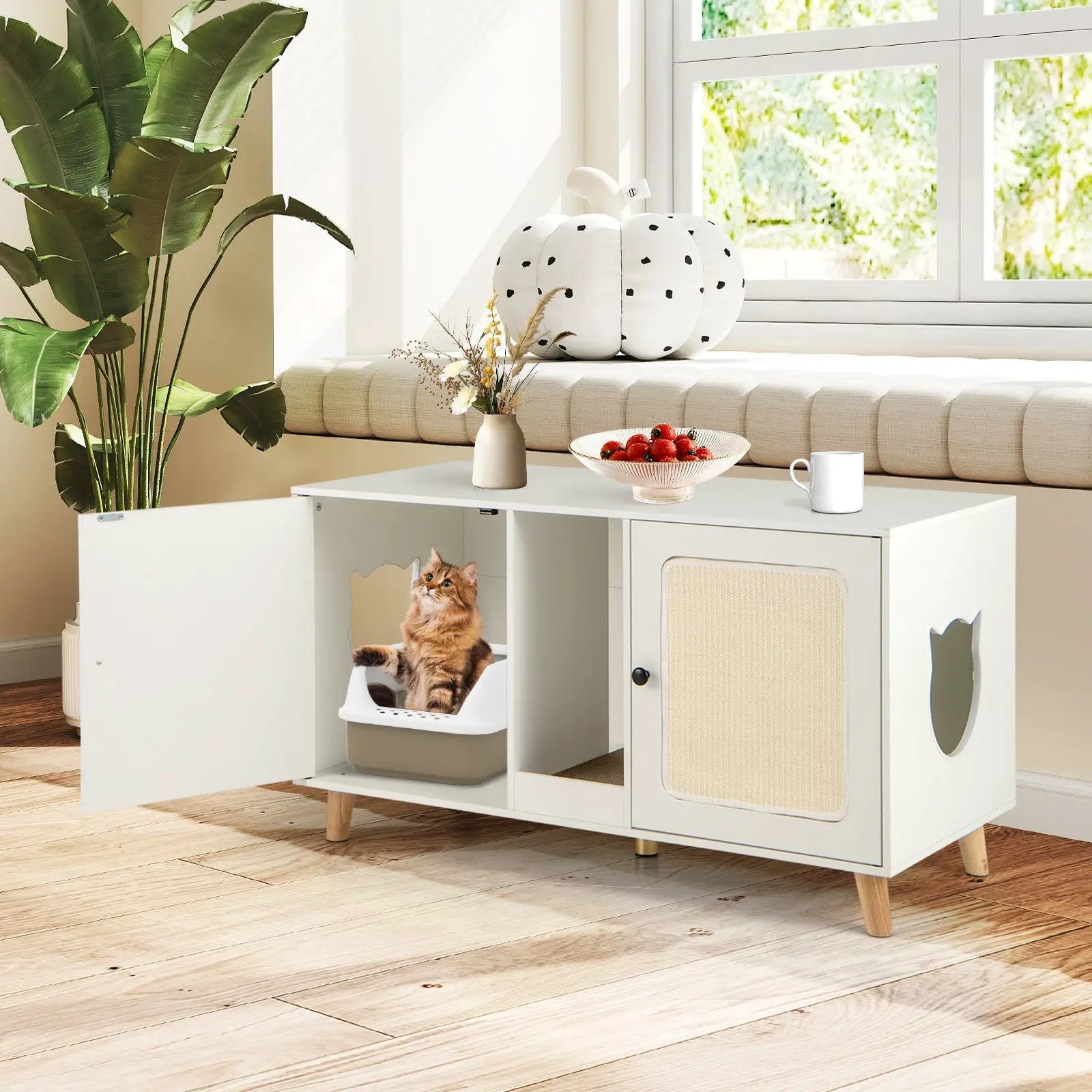 43 Inches Cat Litter Box Enclosure with Double Rooms and 2 Sisal Scratching Mats by DirectDeals