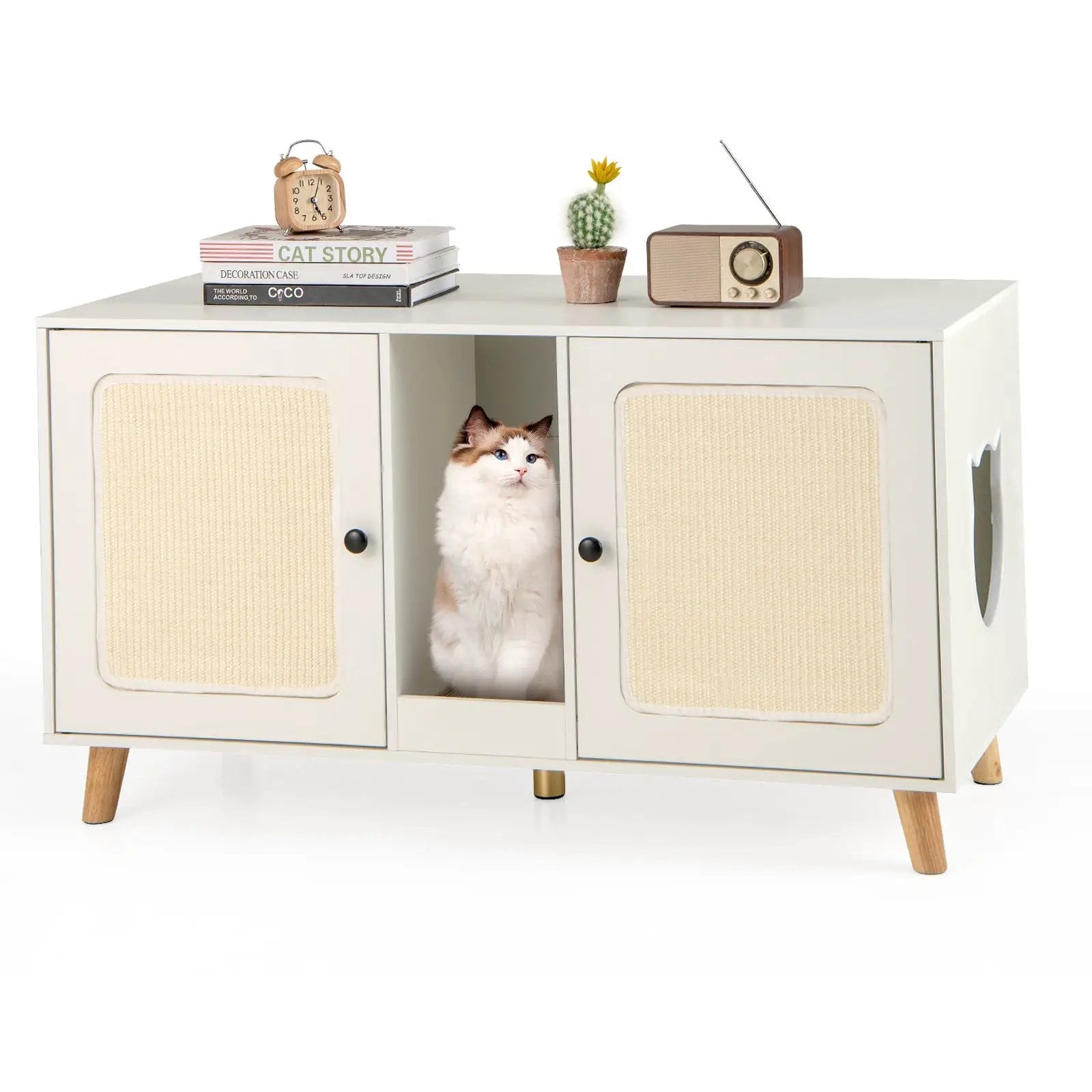43 Inches Cat Litter Box Enclosure with Double Rooms and 2 Sisal Scratching Mats by DirectDeals