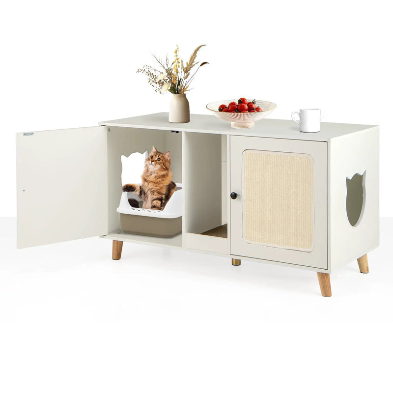43 Inches Cat Litter Box Enclosure with Double Rooms and 2 Sisal Scratching Mats by DirectDeals