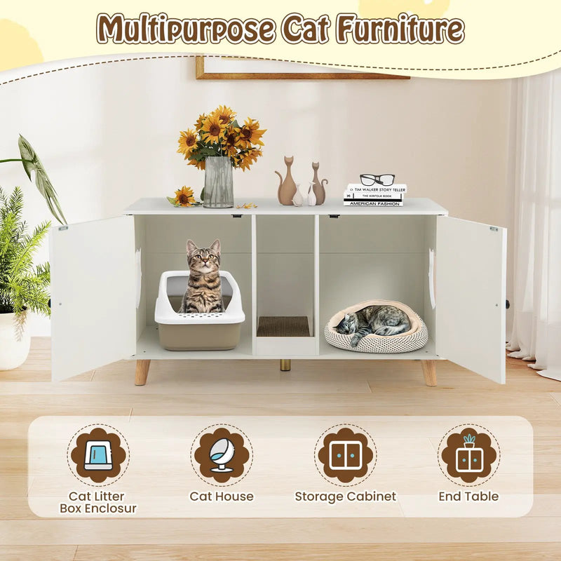 43 Inches Cat Litter Box Enclosure with Double Rooms and 2 Sisal Scratching Mats by DirectDeals