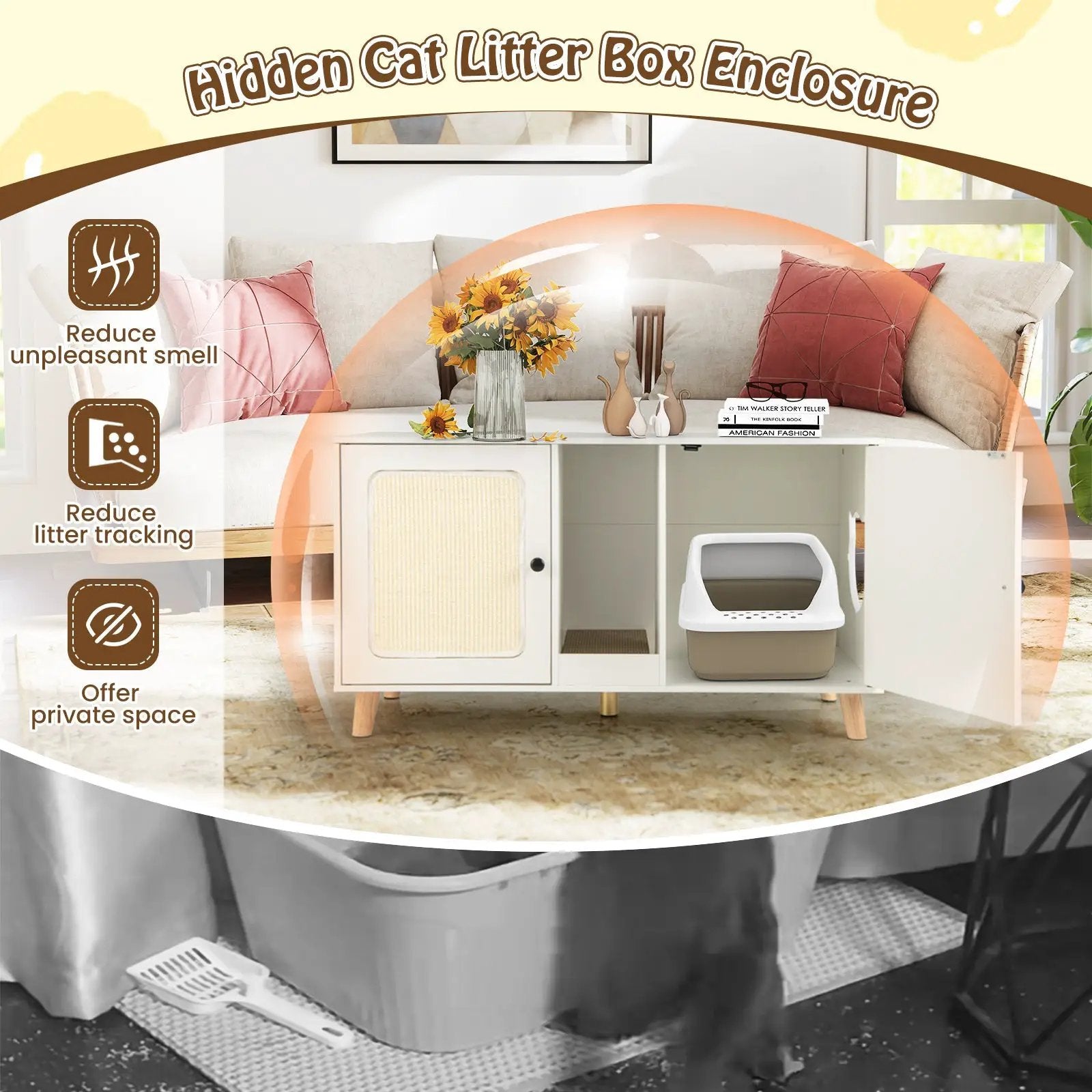 43 Inches Cat Litter Box Enclosure with Double Rooms and 2 Sisal Scratching Mats by DirectDeals