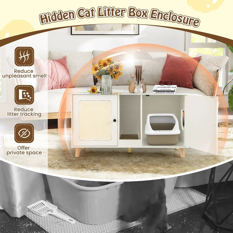43 Inches Cat Litter Box Enclosure with Double Rooms and 2 Sisal Scratching Mats by DirectDeals