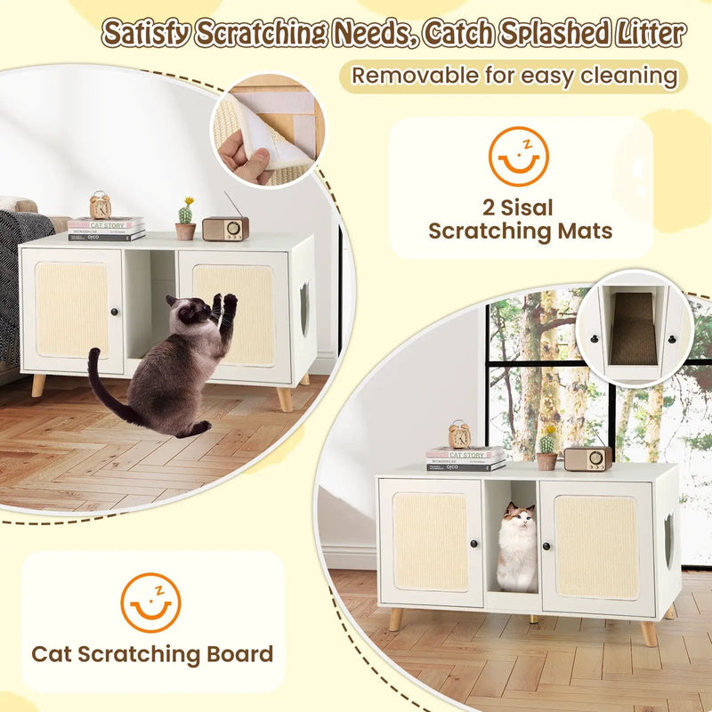 43 Inches Cat Litter Box Enclosure with Double Rooms and 2 Sisal Scratching Mats by DirectDeals