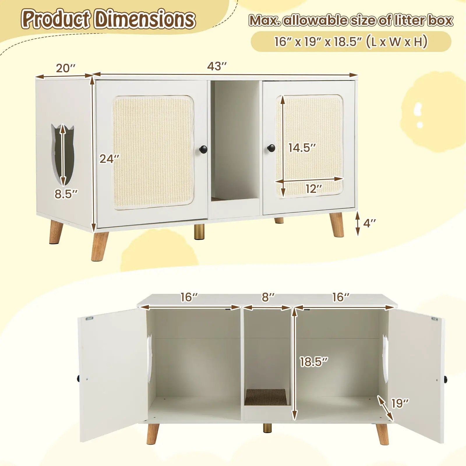 43 Inches Cat Litter Box Enclosure with Double Rooms and 2 Sisal Scratching Mats by DirectDeals