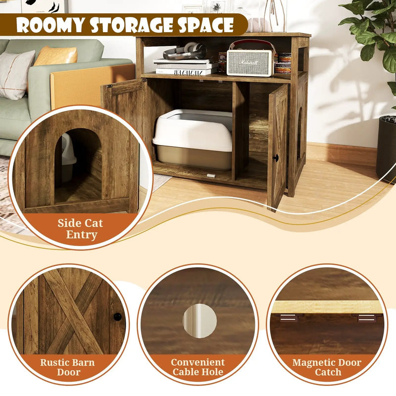 Cat Litter Box Enclosure with Double Barn Doors Divider Side Entry and Storage Shelf by DirectDeals