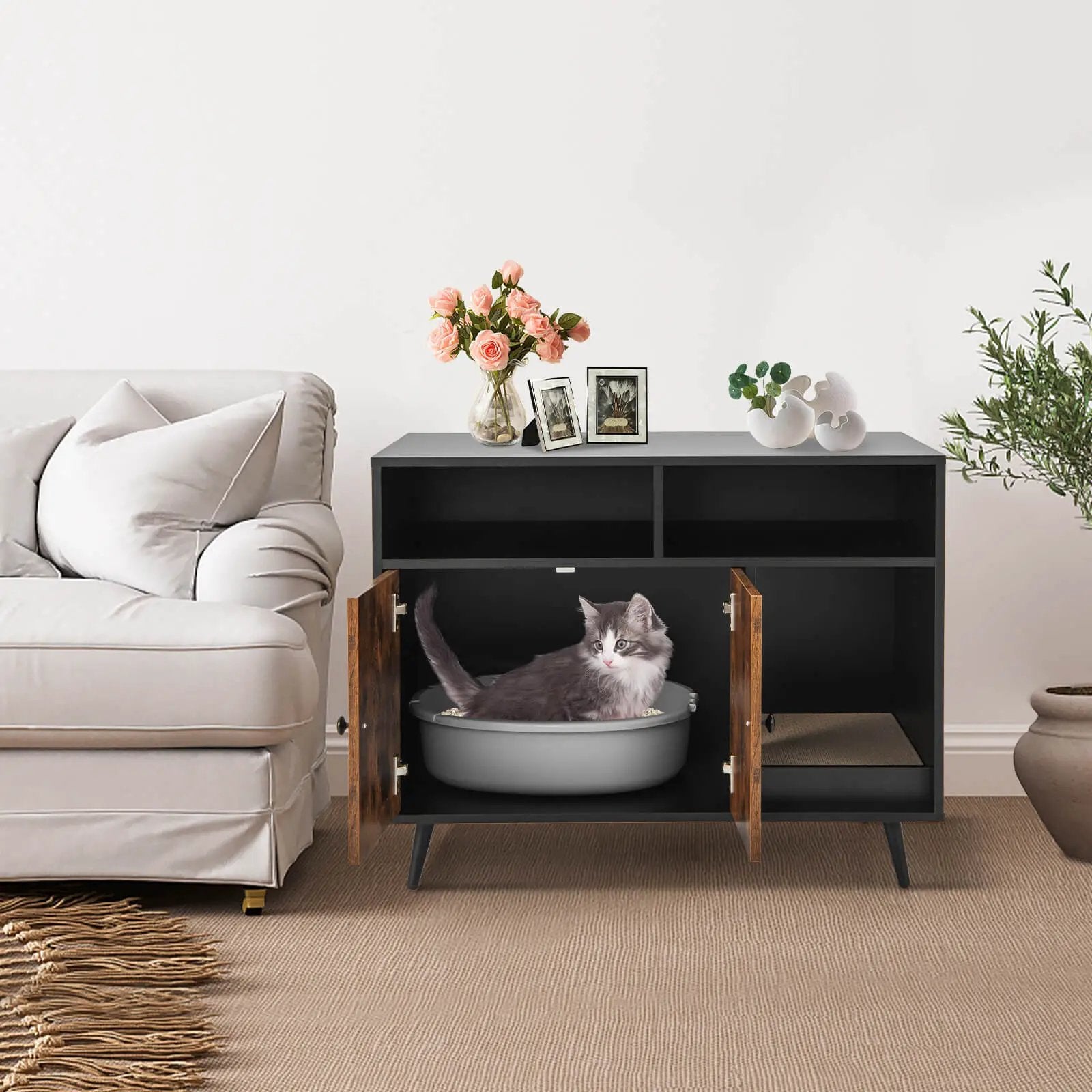 Cat Litter Box Enclosure with Storage Compartments and Pet Scratcher by DirectDeals