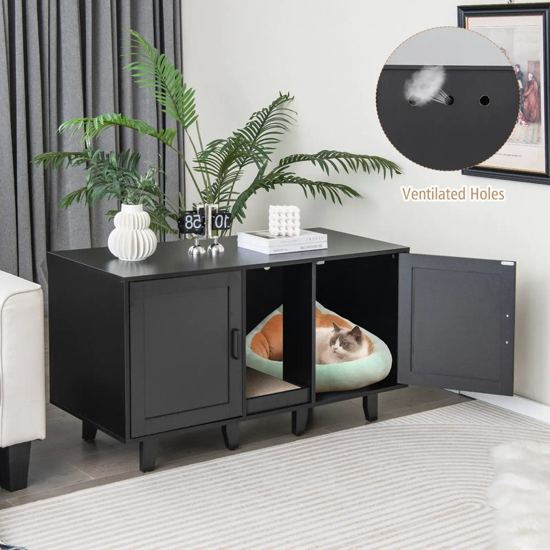 2-Door Cat Litter Box Enclosure with Winding Entry and Scratching Board by DirectDeals