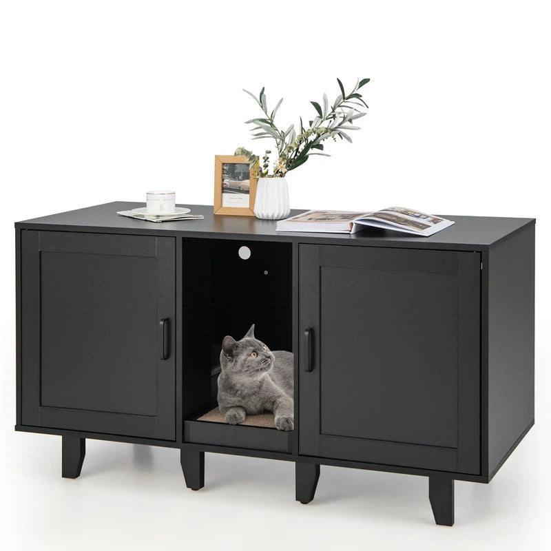 2-Door Cat Litter Box Enclosure with Winding Entry and Scratching Board by DirectDeals
