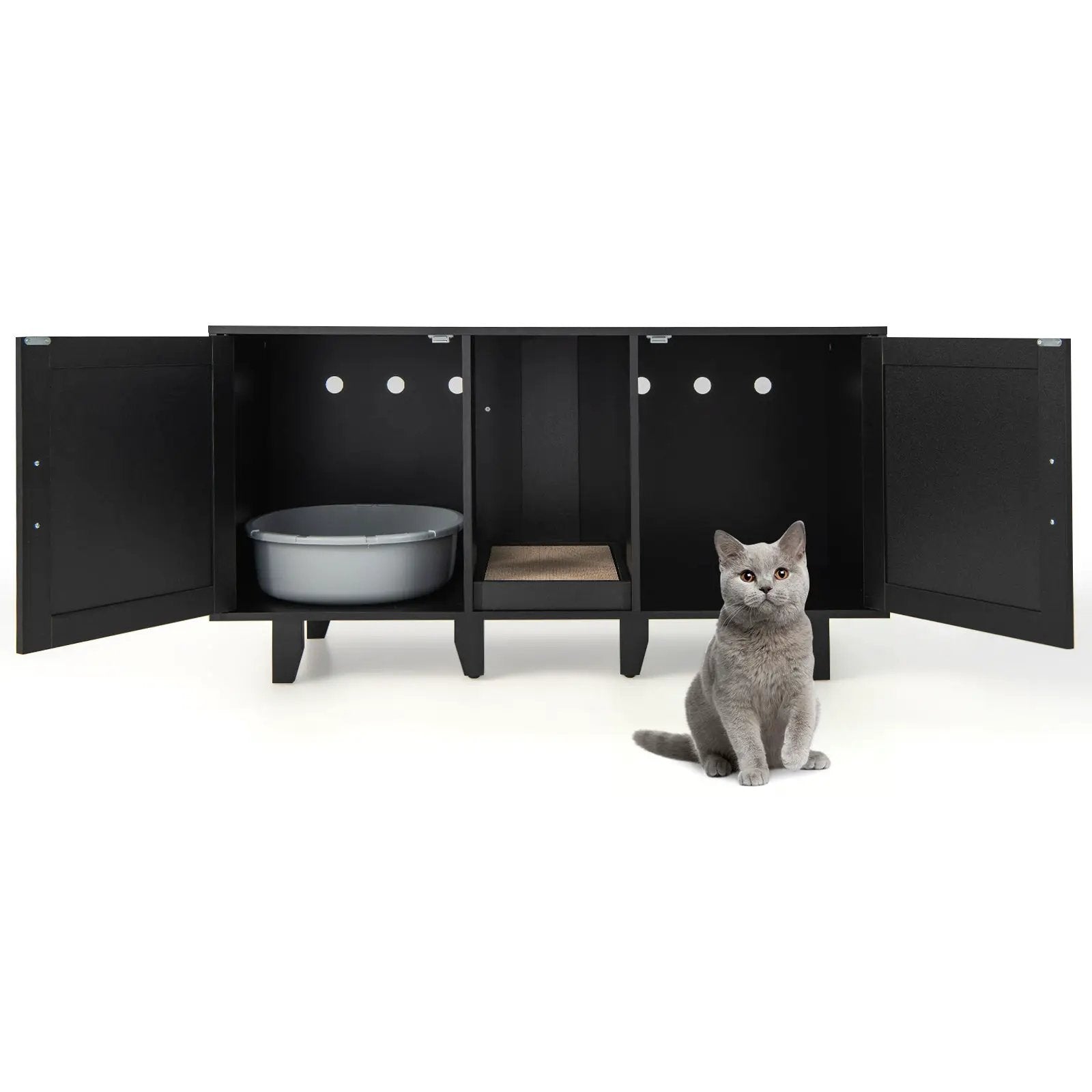 2-Door Cat Litter Box Enclosure with Winding Entry and Scratching Board by DirectDeals