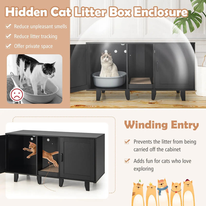 2-Door Cat Litter Box Enclosure with Winding Entry and Scratching Board by DirectDeals