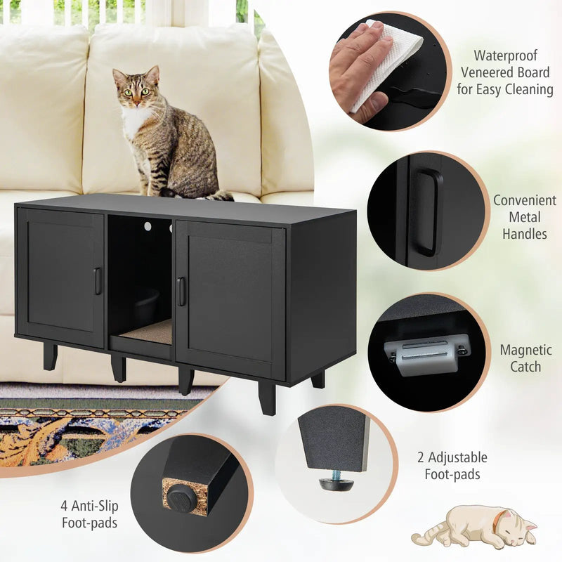 2-Door Cat Litter Box Enclosure with Winding Entry and Scratching Board by DirectDeals