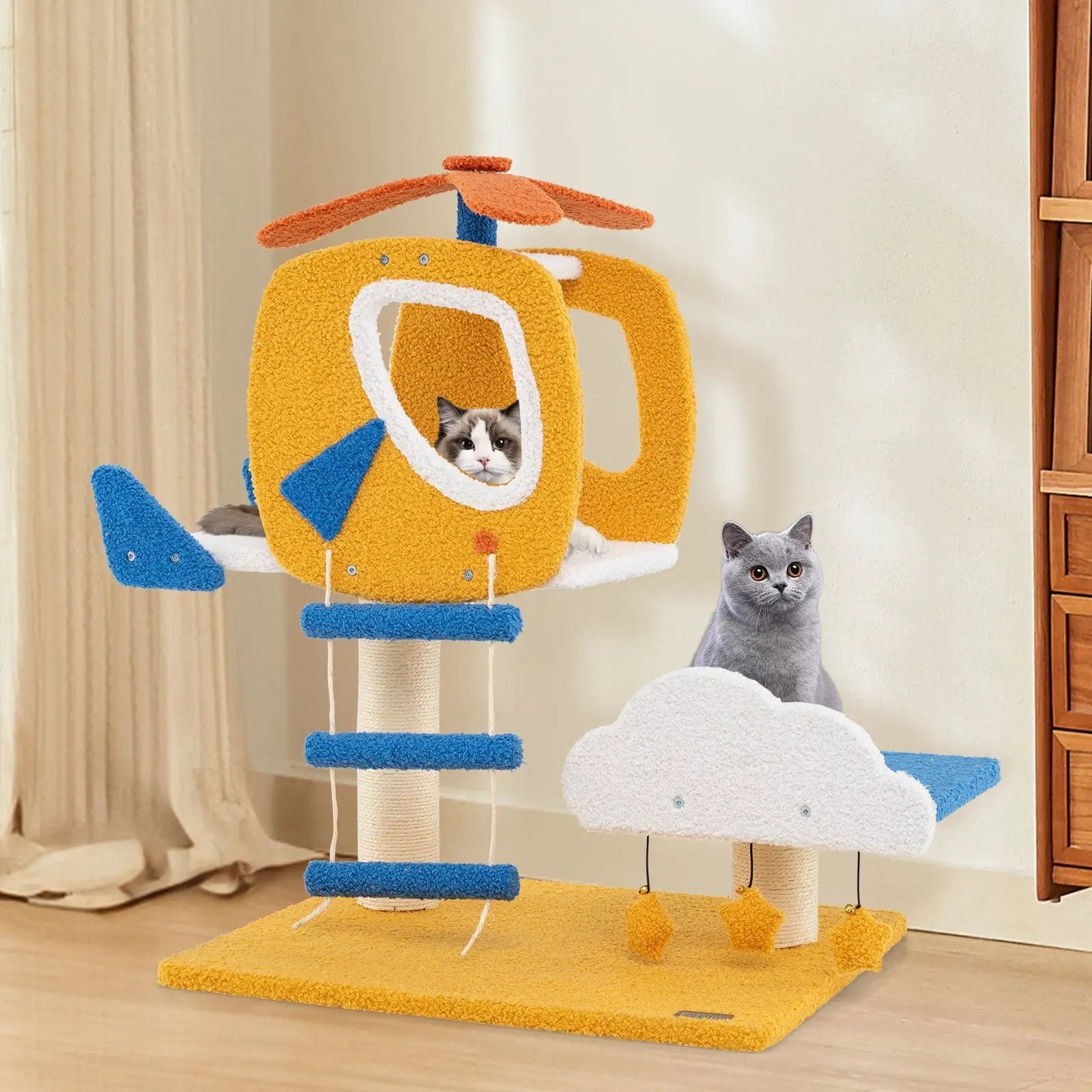 Indoor Small Aviation-themed Cat Tree Cat Tower with Helicopter Top Perch-Yellow by DirectDeals