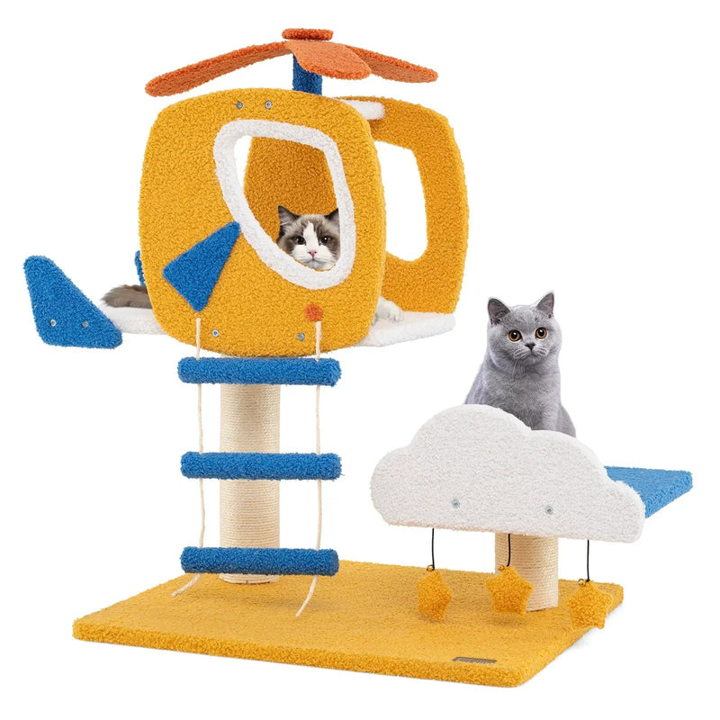 Indoor Small Aviation-themed Cat Tree Cat Tower with Helicopter Top Perch-Yellow by DirectDeals