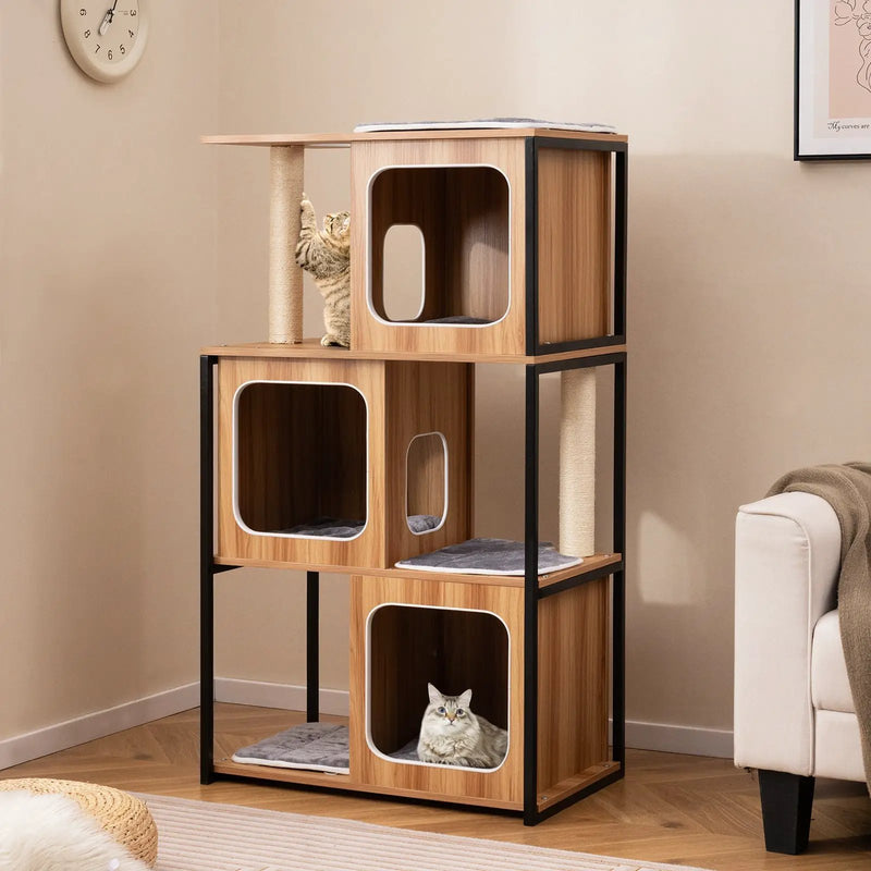 Modern Cat Tree Cat House with Metal Frame and Scratching Posts-Natural by DirectDeals
