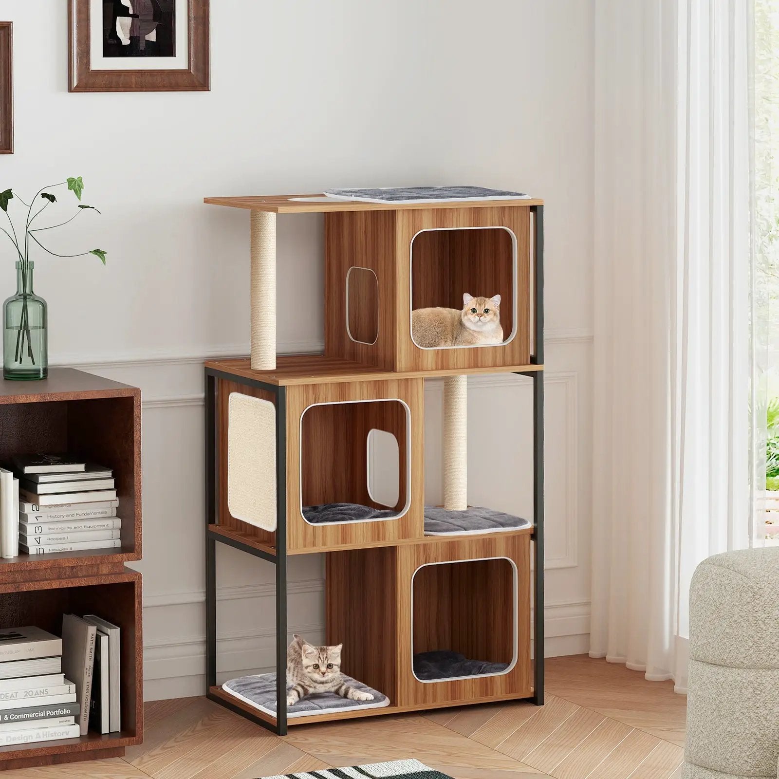 Modern Cat Tree Cat House with Metal Frame and Scratching Posts-Natural by DirectDeals