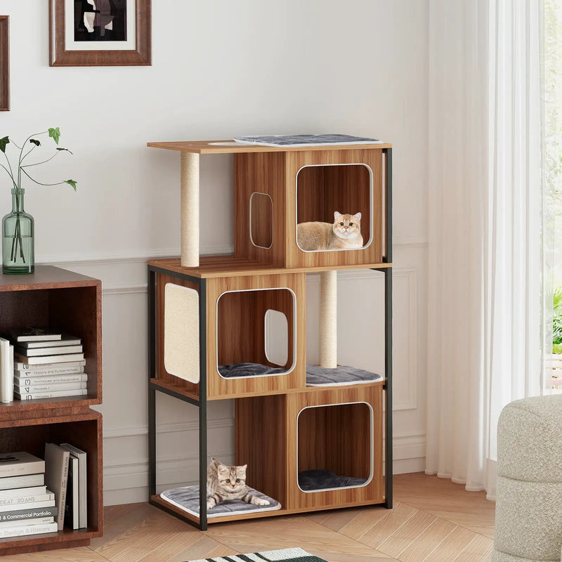 Modern Cat Tree Cat House with Metal Frame and Scratching Posts-Natural by DirectDeals