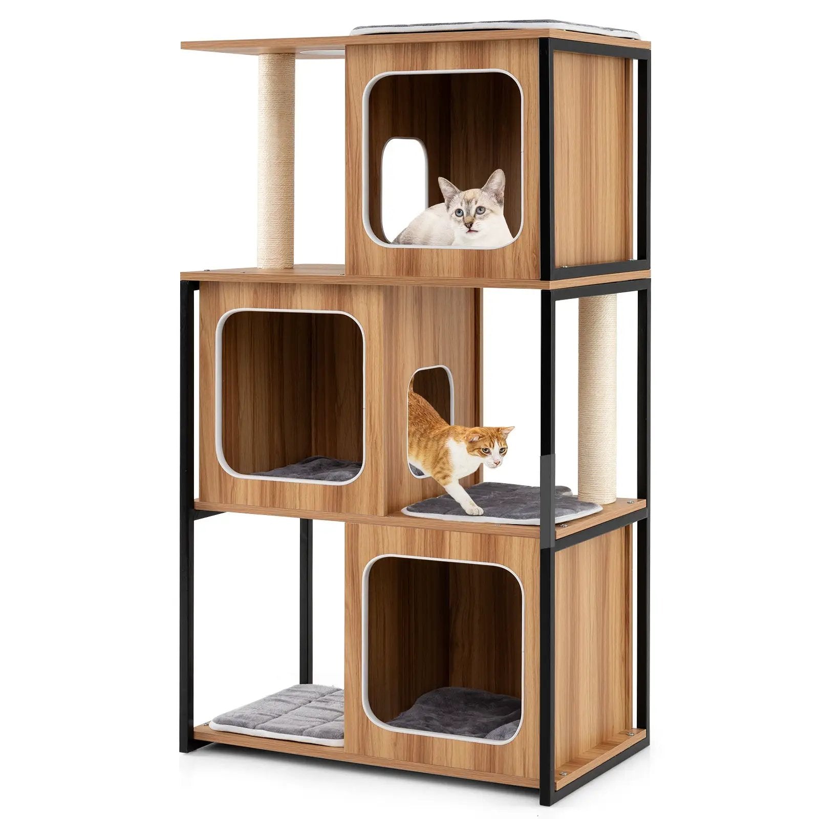 Modern Cat Tree Cat House with Metal Frame and Scratching Posts-Natural by DirectDeals