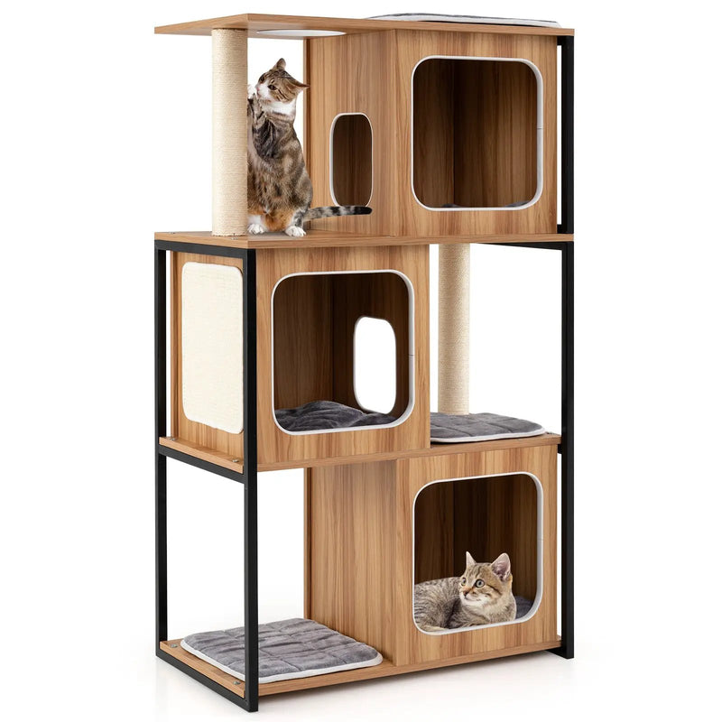 Modern Cat Tree Cat House with Metal Frame and Scratching Posts-Natural by DirectDeals