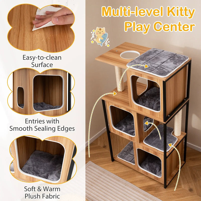 Modern Cat Tree Cat House with Metal Frame and Scratching Posts-Natural by DirectDeals