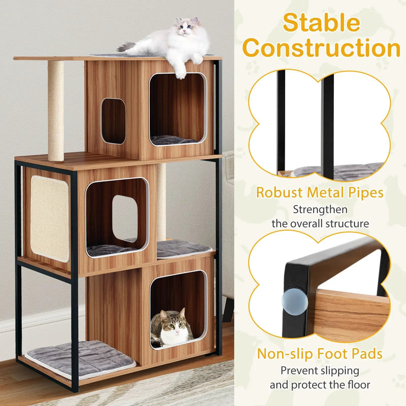 Modern Cat Tree Cat House with Metal Frame and Scratching Posts-Natural by DirectDeals