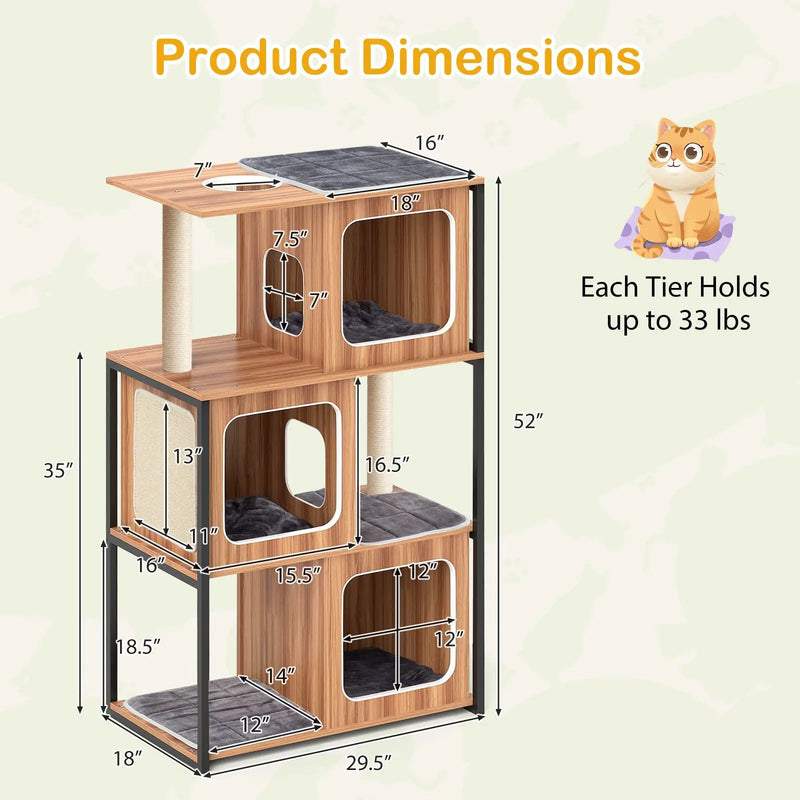 Modern Cat Tree Cat House with Metal Frame and Scratching Posts-Natural by DirectDeals