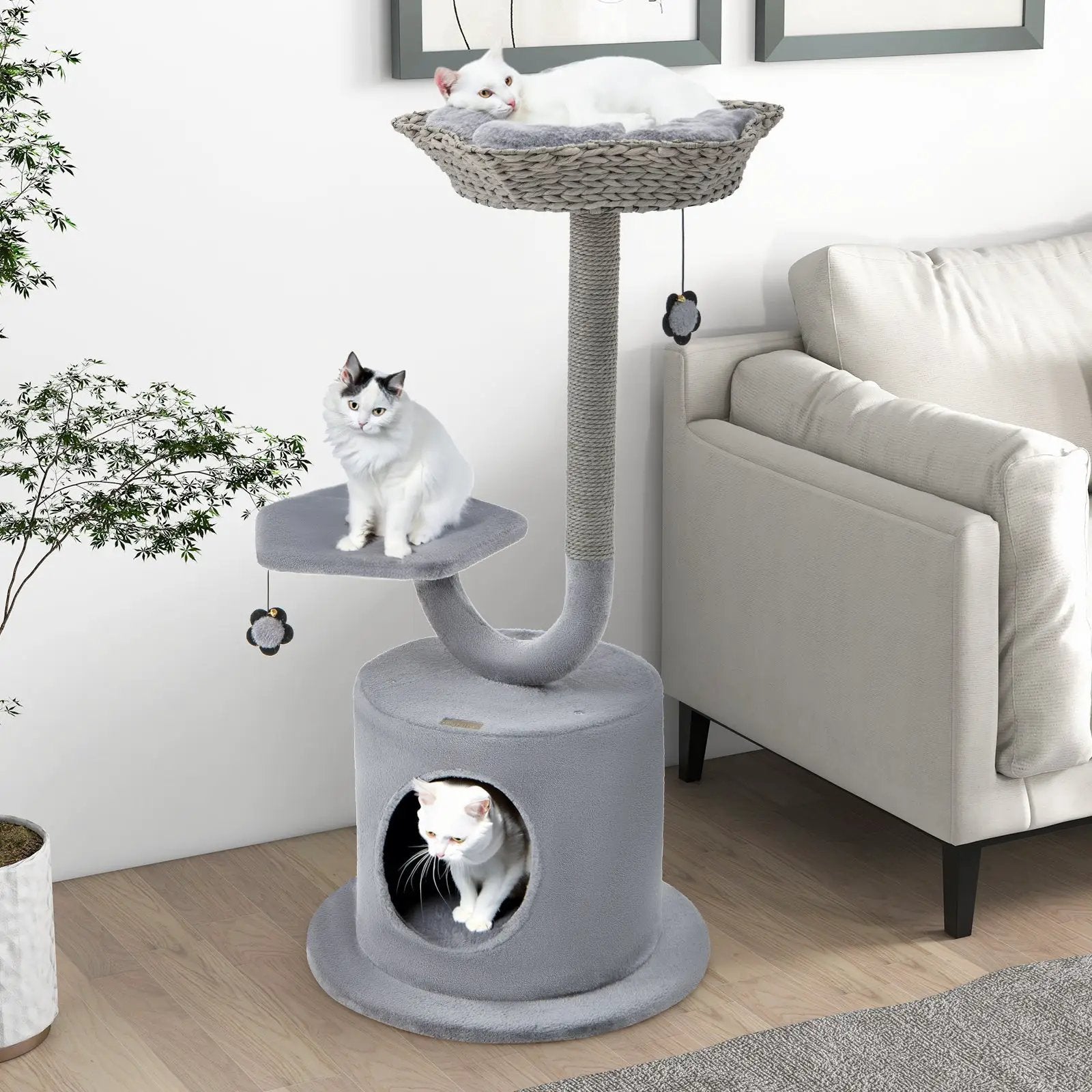 42 Inch Tall Cat Tower with Curved Metal Supporting Frame for Large and Small Cats-Gray by DirectDeals