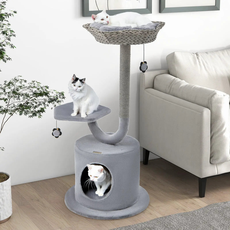 42 Inch Tall Cat Tower with Curved Metal Supporting Frame for Large and Small Cats-Gray by DirectDeals