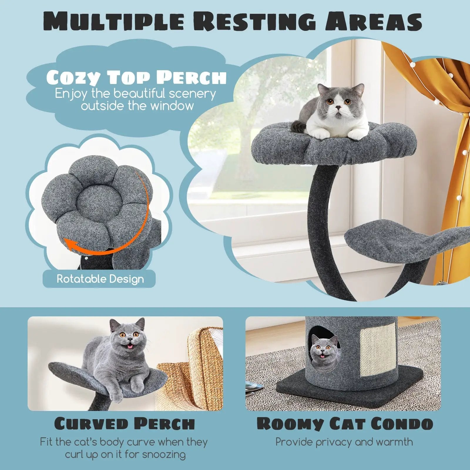 Cat Tree for Indoor Cats with Curved Metal Supporting Frame for Large & Small Cats-Gray by DirectDeals