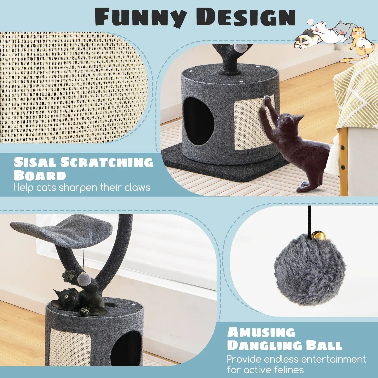 Cat Tree for Indoor Cats with Curved Metal Supporting Frame for Large & Small Cats-Gray by DirectDeals