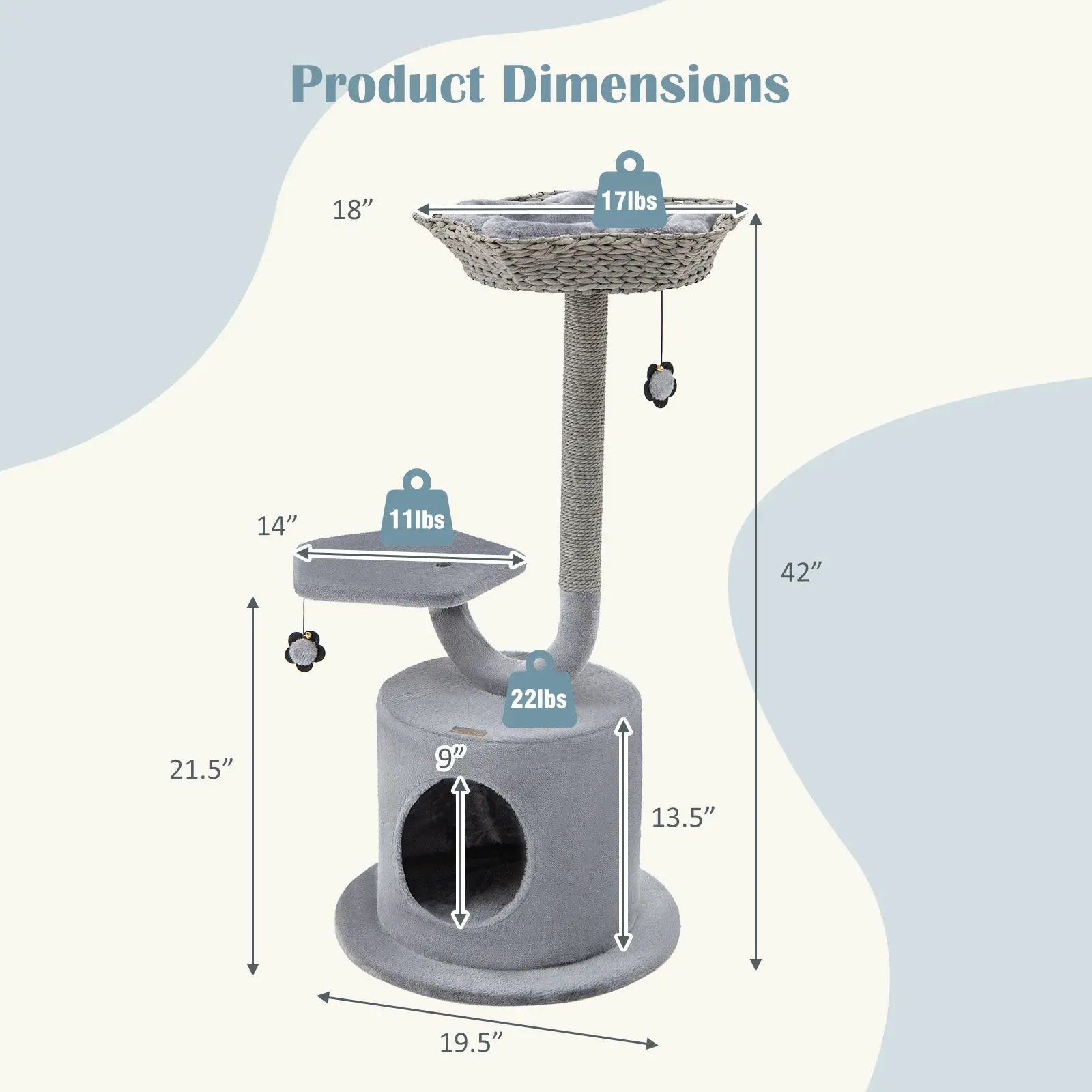 42 Inch Tall Cat Tower with Curved Metal Supporting Frame for Large and Small Cats-Gray by DirectDeals