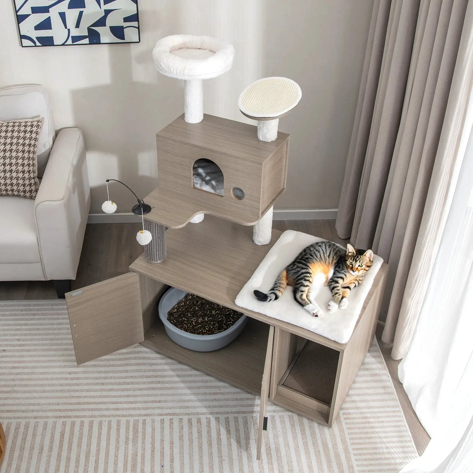 2-in-1 Modern Cat Tower with Litter Box Enclosure for Indoor Cars-Gray by DirectDeals