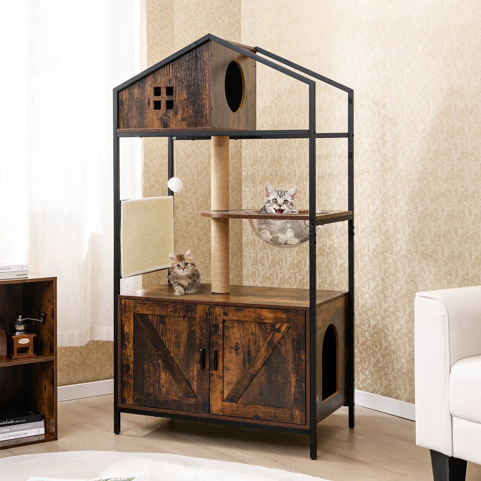 Cat Tree with Litter Box Enclosure Industrial Cat Tower Multi-level Cat Condo Furniture for Indoor Cats-Rustic Brown by DirectDeals