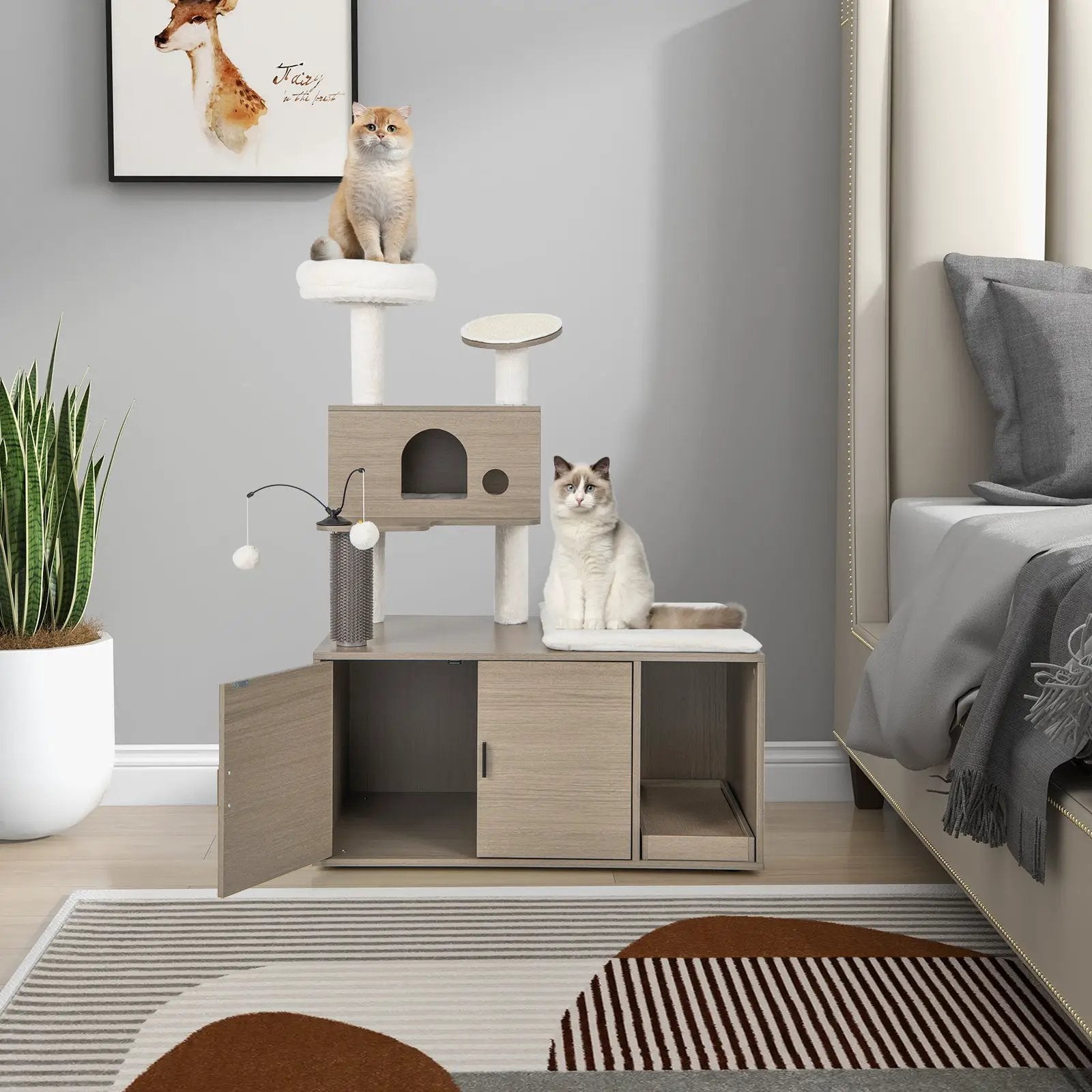 2-in-1 Modern Cat Tower with Litter Box Enclosure for Indoor Cars-Gray by DirectDeals