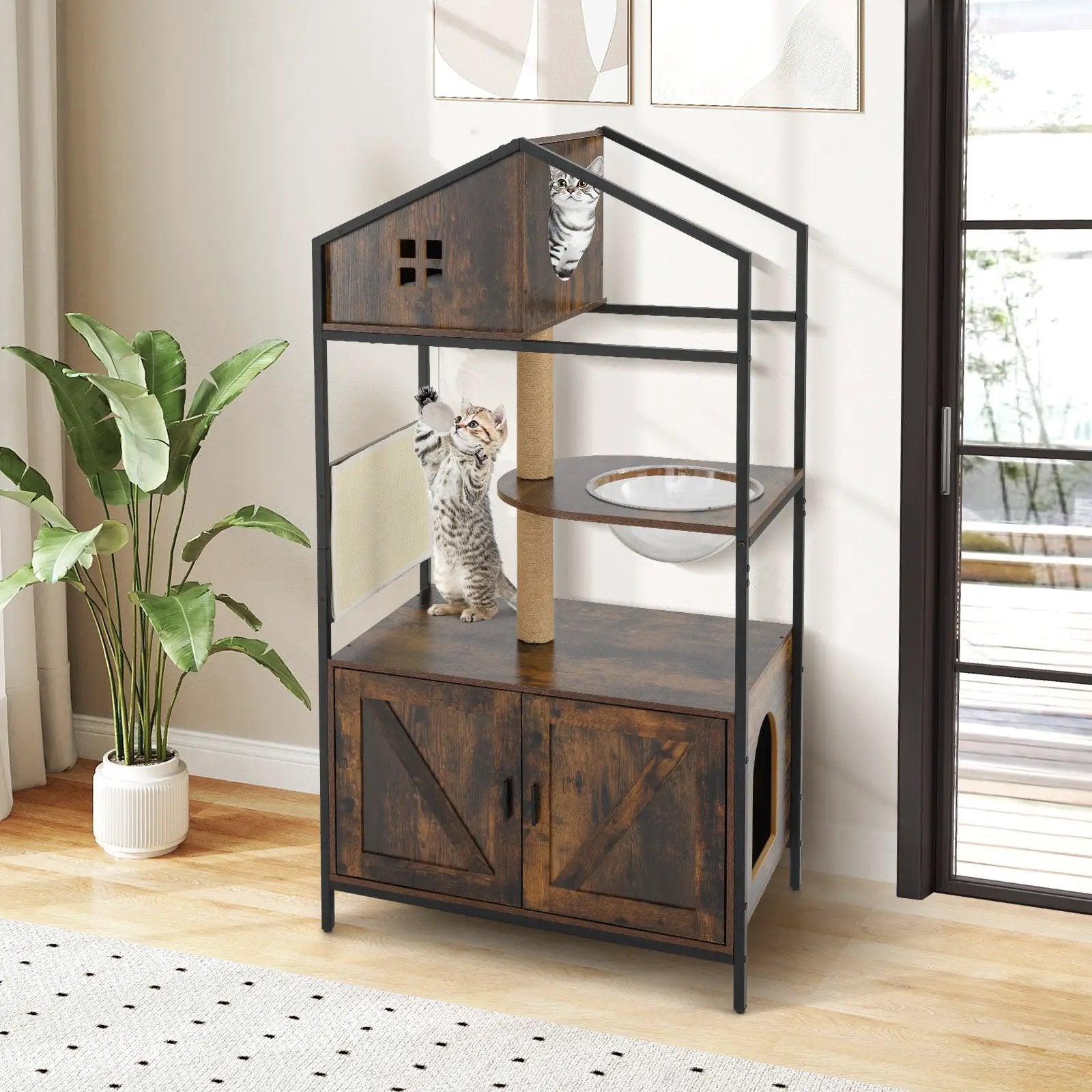 Cat Tree with Litter Box Enclosure Industrial Cat Tower Multi-level Cat Condo Furniture for Indoor Cats-Rustic Brown by DirectDeals