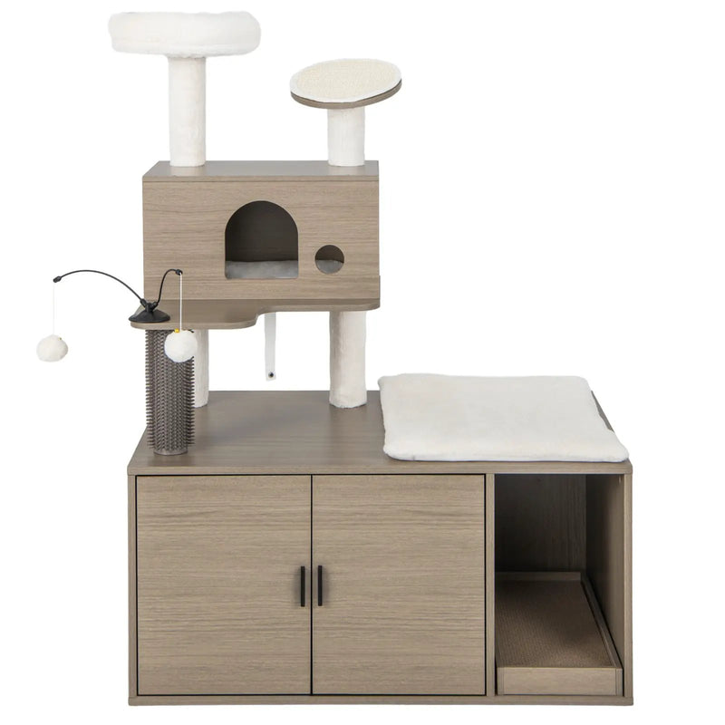 2-in-1 Modern Cat Tower with Litter Box Enclosure for Indoor Cars-Gray by DirectDeals